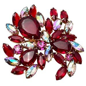 Vintage Juliana Brooch Red Pink Glass Rhinestone Gold Tone 2.5 Inch